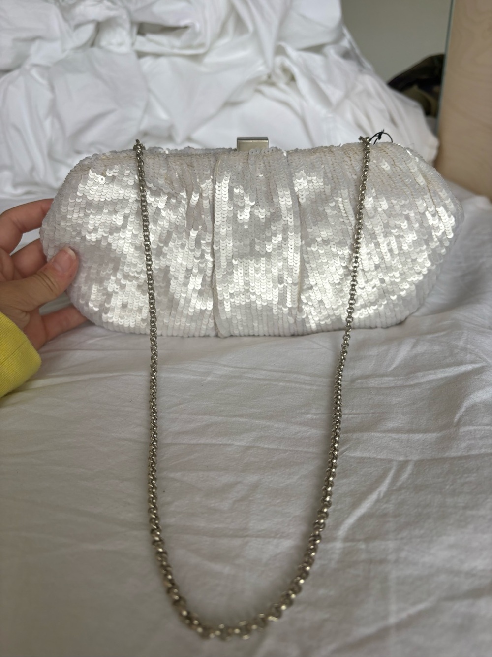 Sequin White Evening Clutch with Chain Strap